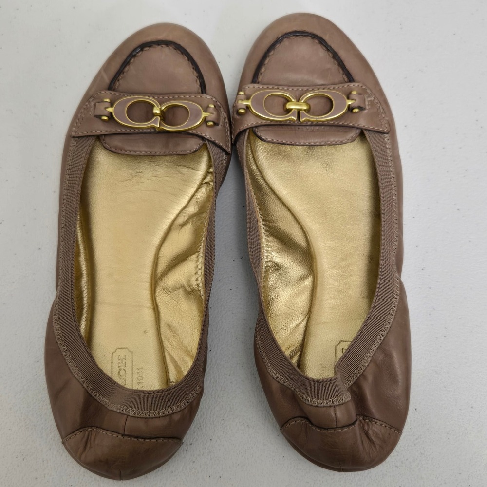 Coach‎ Denise Women Brown Leather Ballet Flats with Gold Accent Buckle Size 7B